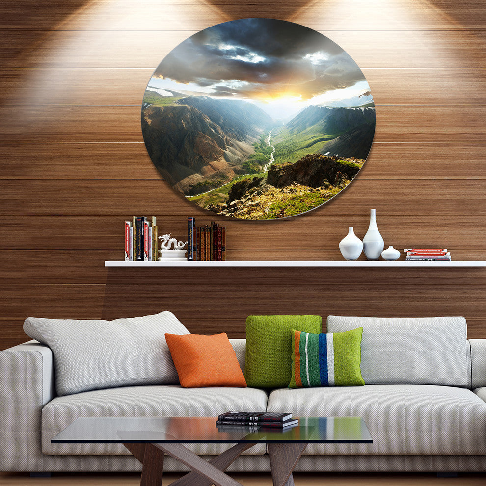 Clouds Touching Mountains At Sunset, Landscape Round Wall Art, 11"