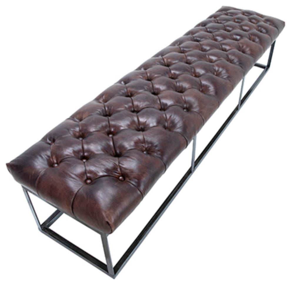 Tufted Leather and Iron Bench