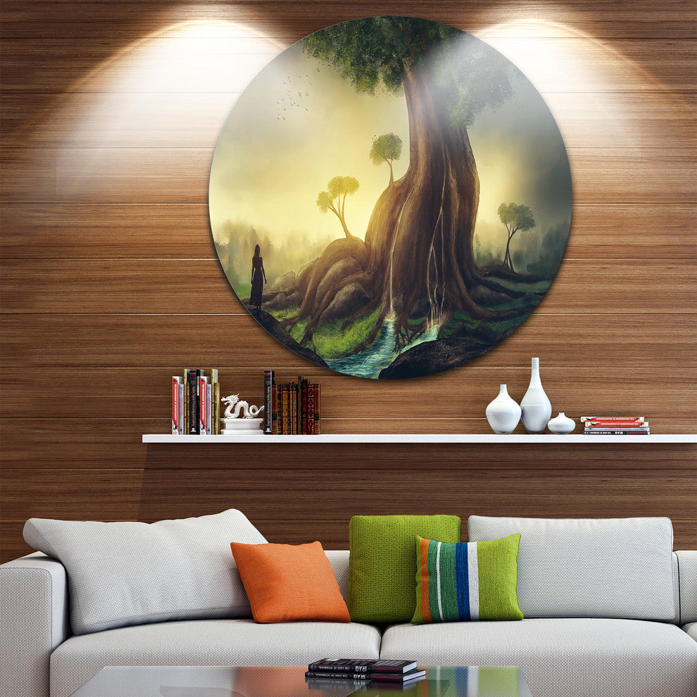 Giant Tree With Woman, Digital Art Round Metal Wall Art, 23"