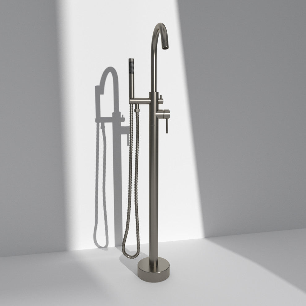 Floor Mounted Stainless Steel Handle Bathtub Faucet, Handheld, Brush Nickel