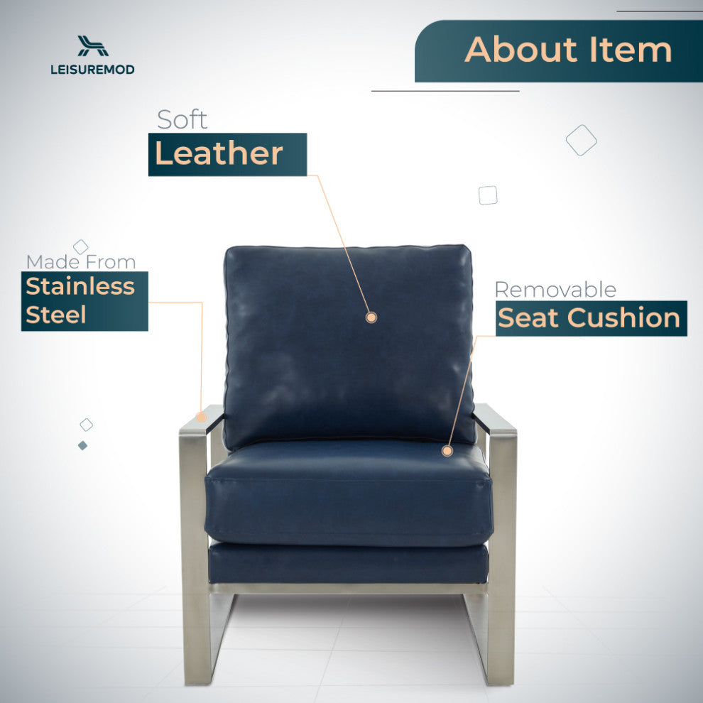 LeisureMod Jefferson Faux Leather Accent Armchair With Silver Frame, Navy Blue