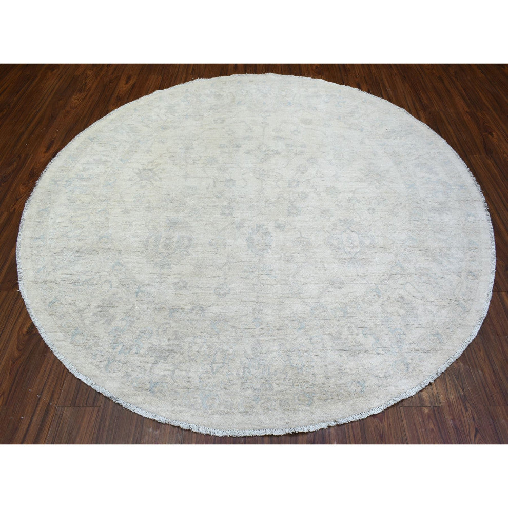 Ivory, White Wash Peshawar, Soft Wool Hand Knotted Round Rug, 7'10"x7'8"