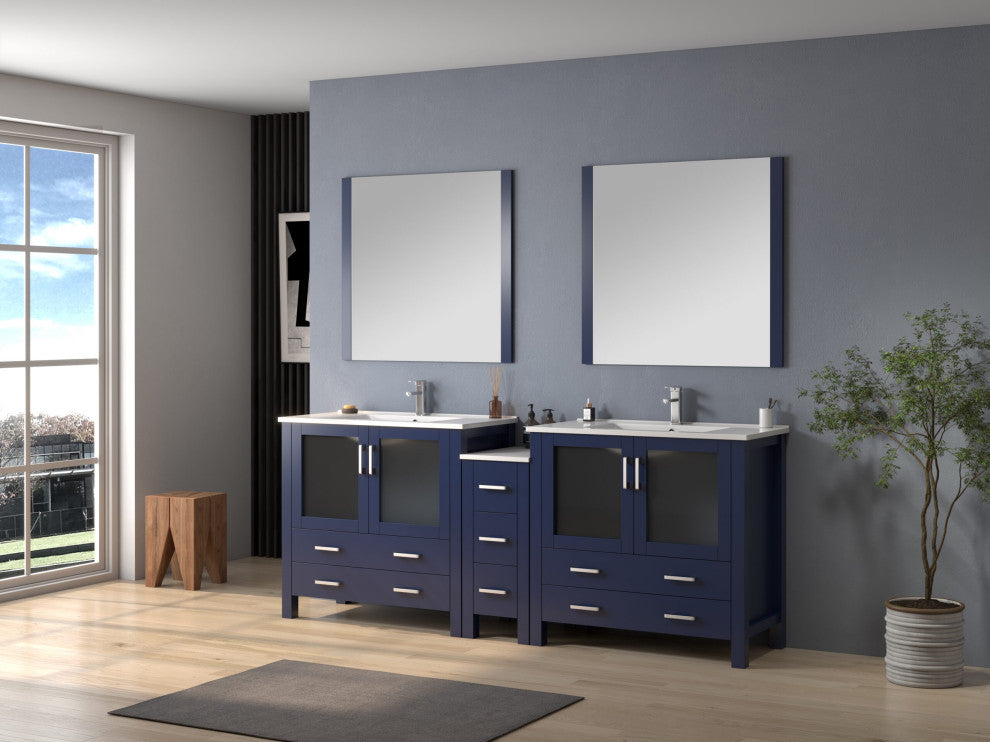 Lexora Volez 84" Vanity Cabinet, Navy Blue, Top, Mirror, 4 Doors 7 Drawers