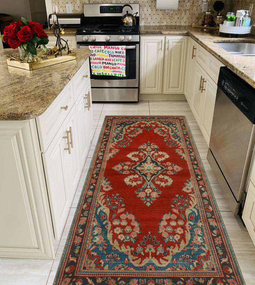 Fine Vintage Distressed Raff Red/Navy Runner, 3'10x10'1