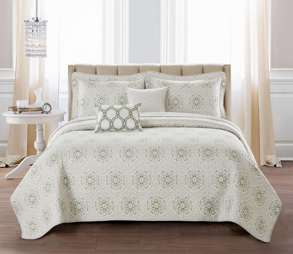 Bloom Medallion 5-Piece Printed Microfiber Quilt Set, Queen