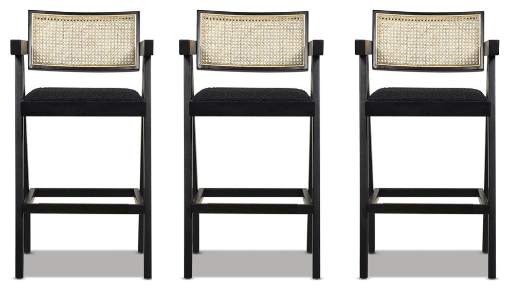 Milan 29.5" Mid-Century Modern Resin Webbing Set of 3 Bar Stool, Ebony Black
