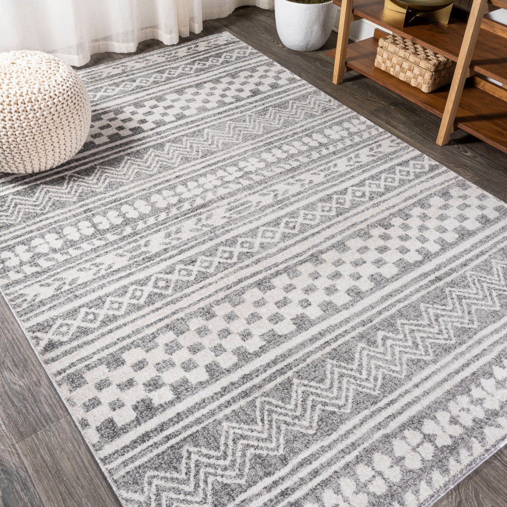 Imlil Tribal Geometric Stripe Light Gray/Cream Rug, 5 X 8