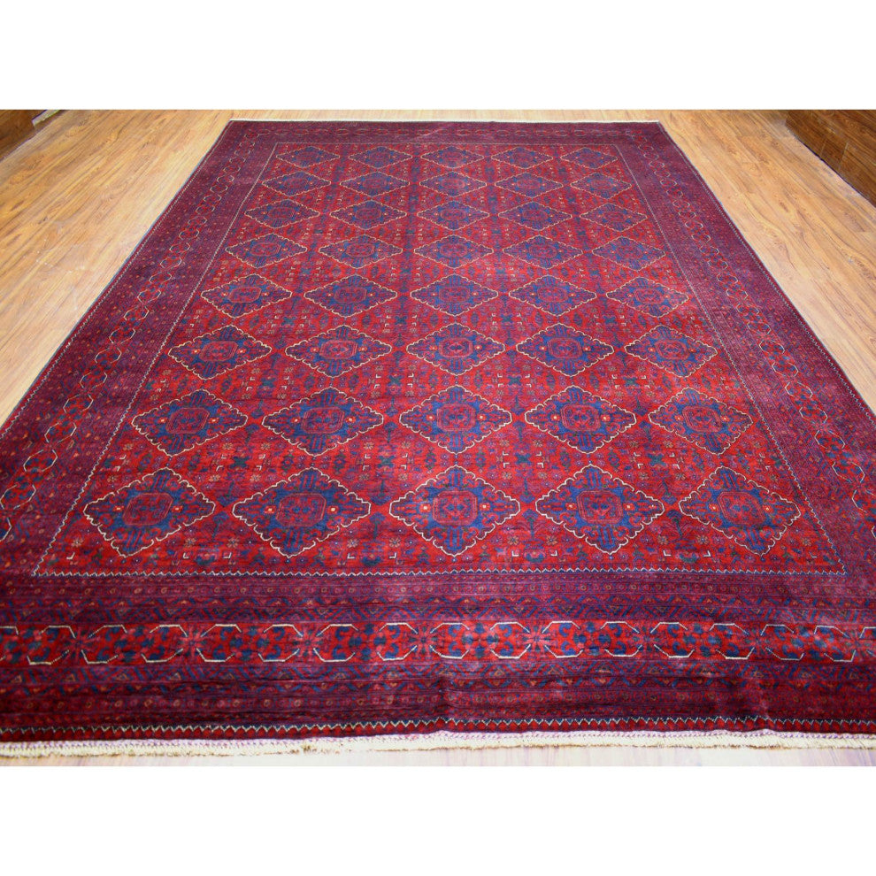 Deep and Saturated Red Hand Knotted Afghan Khamyab Velvety Wool Rug, 9'8"x13'1"