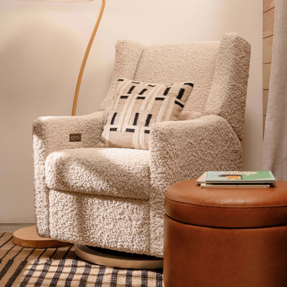 Kiwi Electronic Recliner and Swivel Glider With USB port, Almond Teddy Loop With Light Wood Base