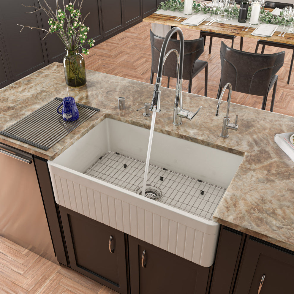 ALFI brand AB532-W 33 Inch  White Single Bowl Fluted Fireclay Farm Sink