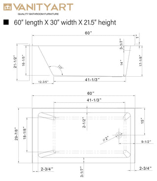 Vanity Art Alcove Soaking Acrylic Bathtub, White/Titanium Gold, 60"x30", Right