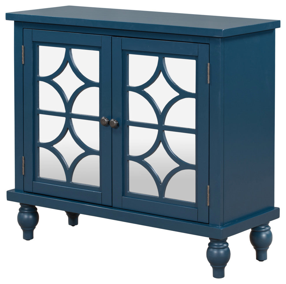 Wood Double Mirrored Door Accent Cabinet with Adjustable Shelf, Blue, 35" X 14"