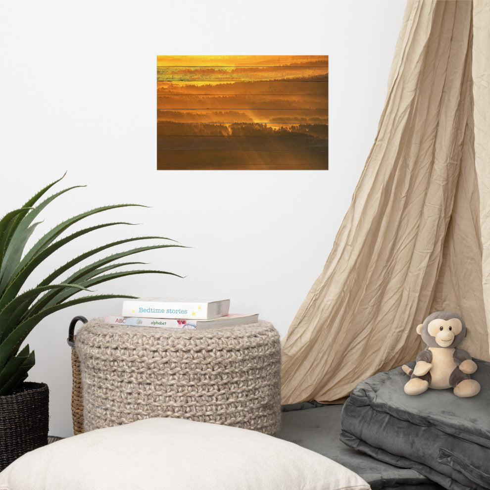 Faux Wood Golden Mist Valley - Hills & Mountain Range Wall Art Prints, 12" X 18"