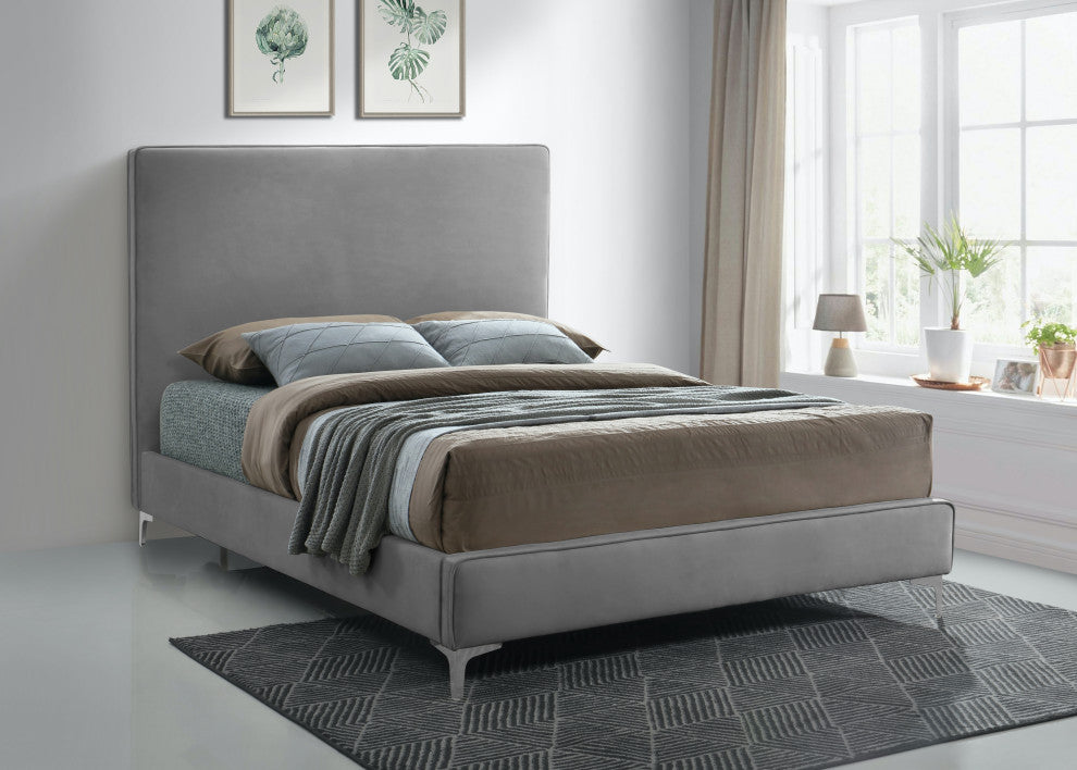 Geri Velvet Upholstered Bed, Gray, Queen