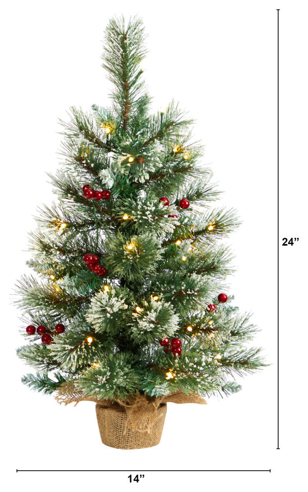 2' Snow Tipped Pine and Berry Artificial Christmas Tree With 35 White LED Lights