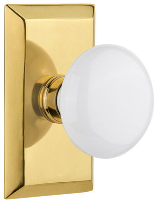 Double Studio Plate With White Porcelain Knob, Polished Brass
