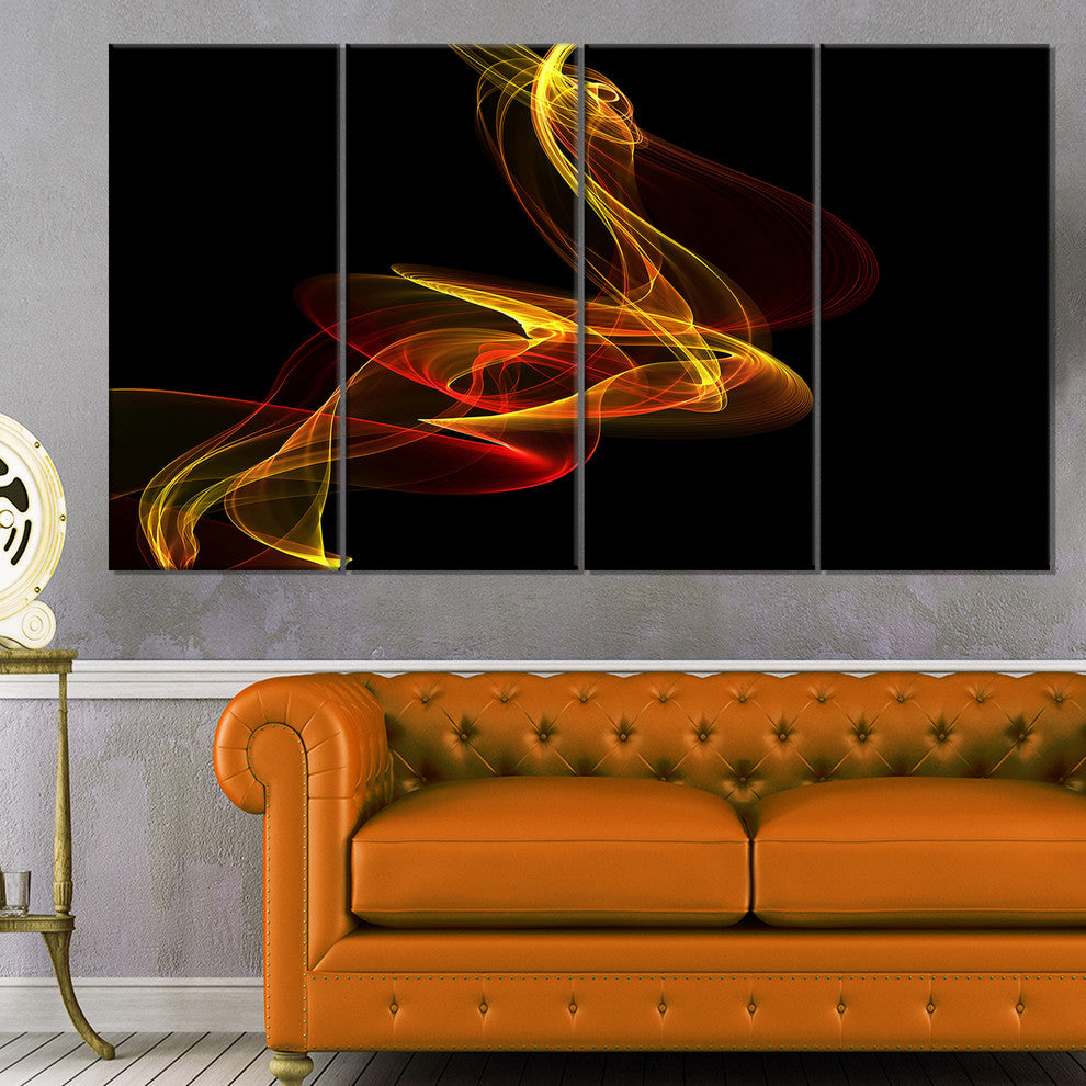Red Yellow Twisted Waves Fractal, Abstract Canvas Wall Art, 48"x28", 4 Panels