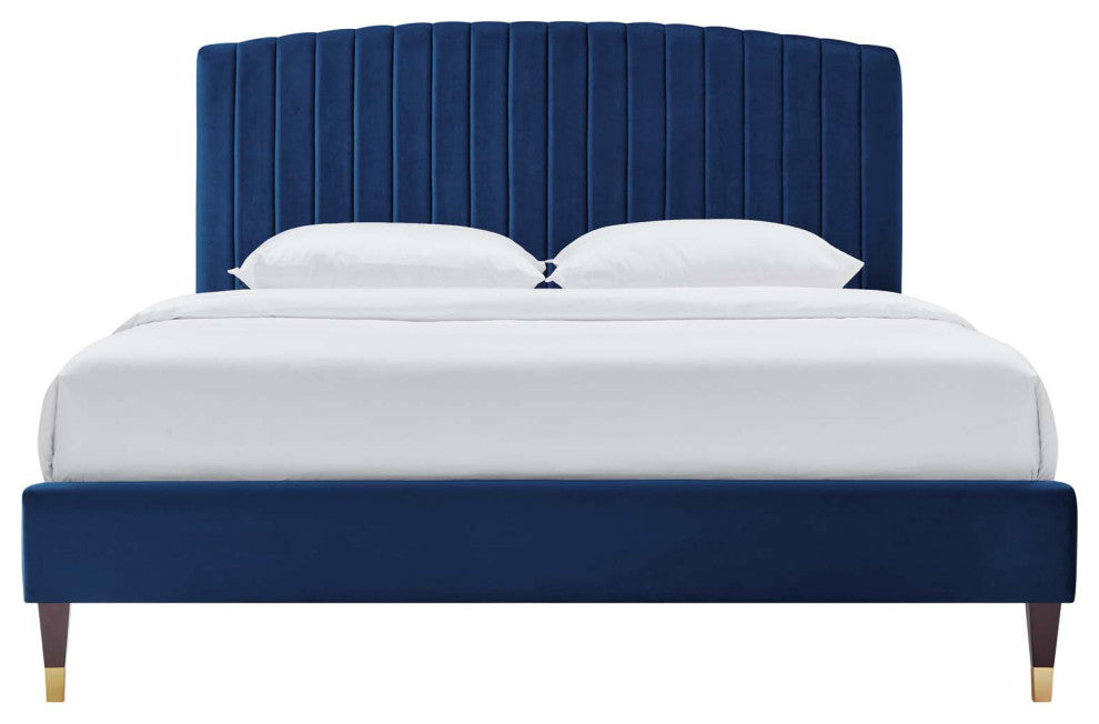 Platform Bed Frame, Queen Size, Blue Navy, Velvet, Modern, Bedroom Guest Suite