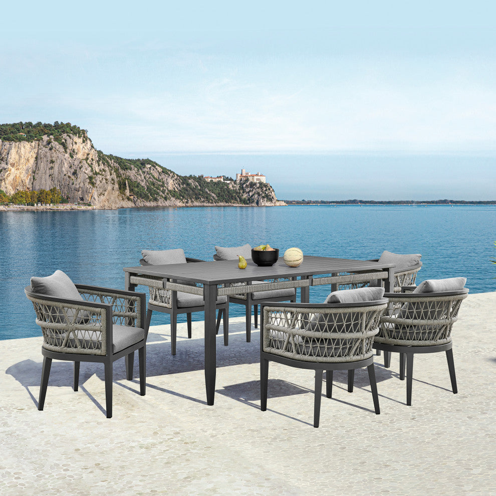 Zella Outdoor Patio 7-Piece Dining Set, Aluminum Light Gray Rope/Cushions