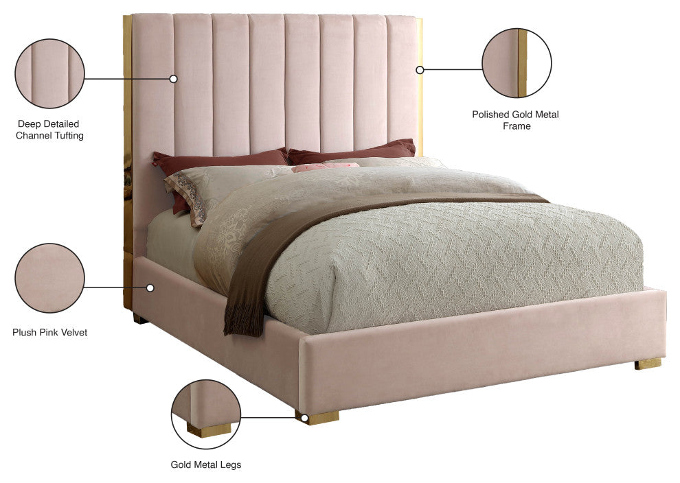 Becca Velvet Upholstered Bed, Pink, Queen