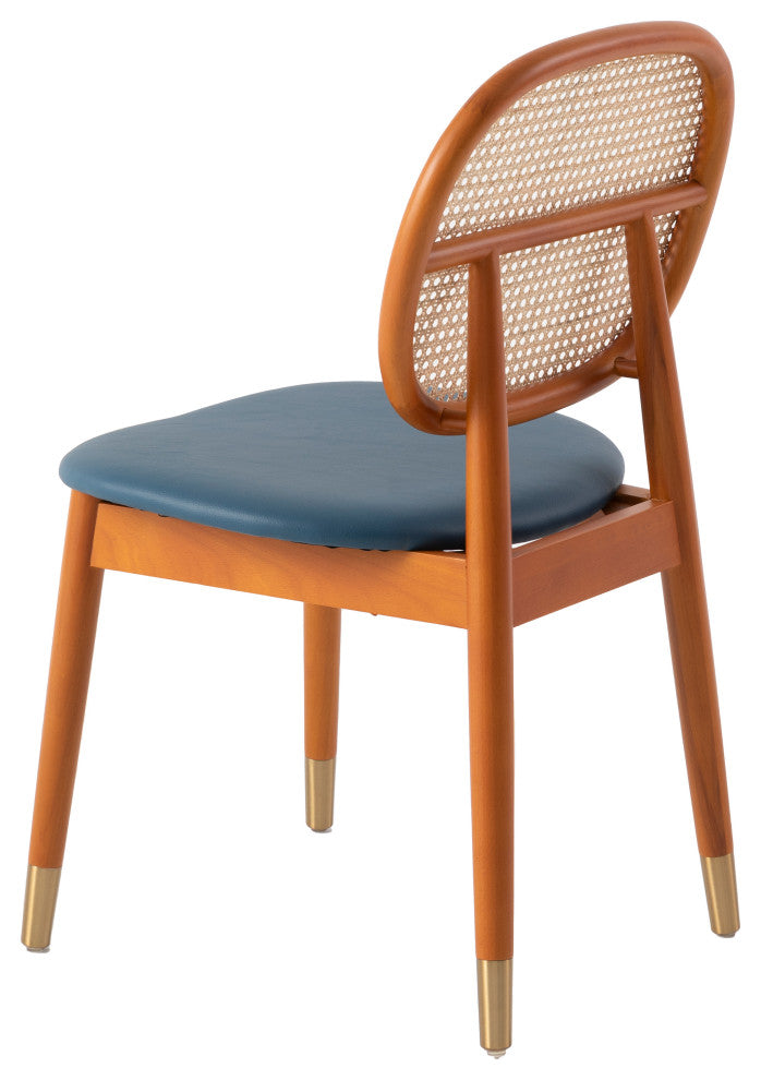 LeisureMod Holbeck Modern Dining Chair with Wood Legs and Wicker Back, Navy Blue