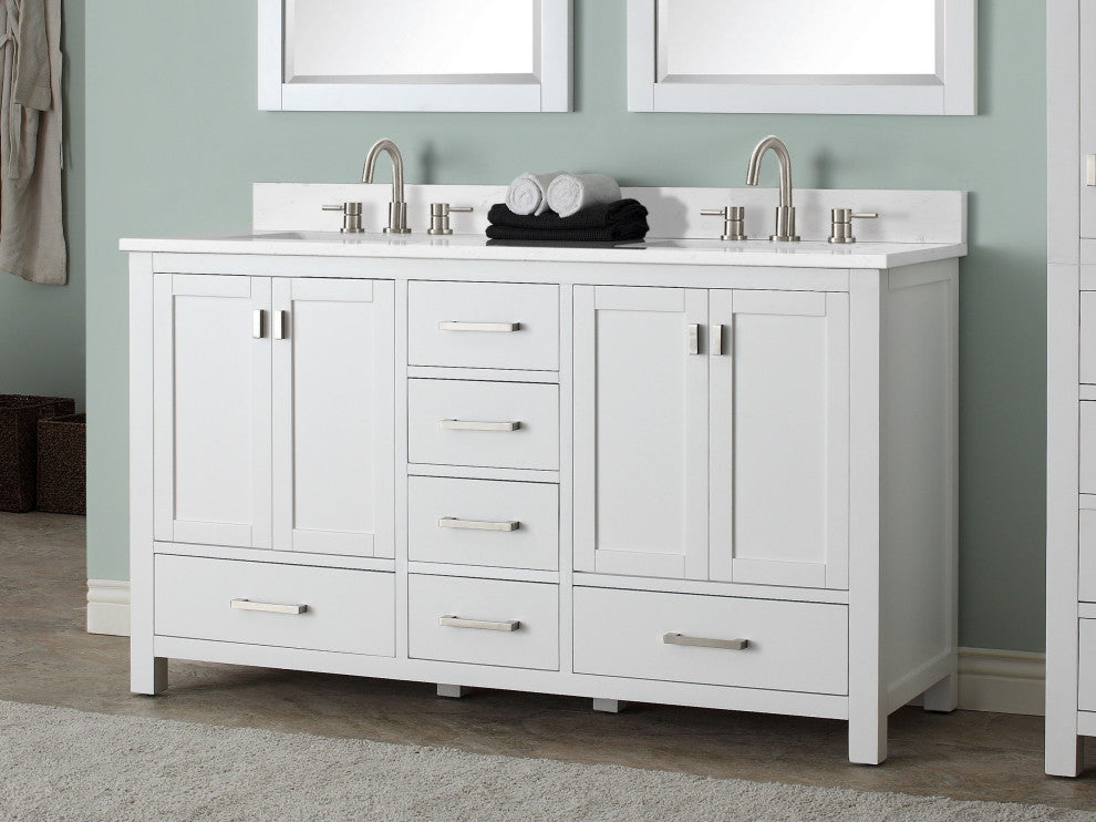 Avanity Modero 60" Double Vanity, White, Cala White Engineered Stone Top