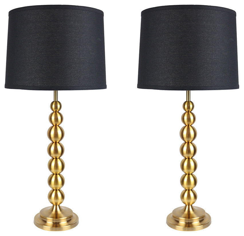 Set of 2 Stacked Ball Table Lamps, Antique Gold With Black Shades