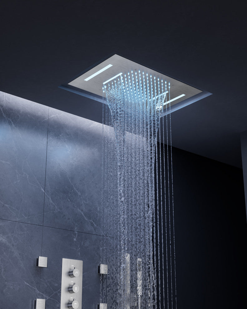 LED Thermostatic Shower System Rain Shower Head With 6 Body Jets, Brushed Nickel, 23"x15", Slide Bar