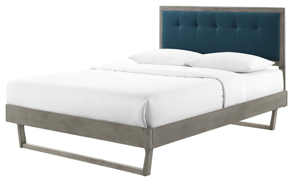 Platform Bed Frame, King Size, Wood, Gray Navy Blue, Modern Mid-Century
