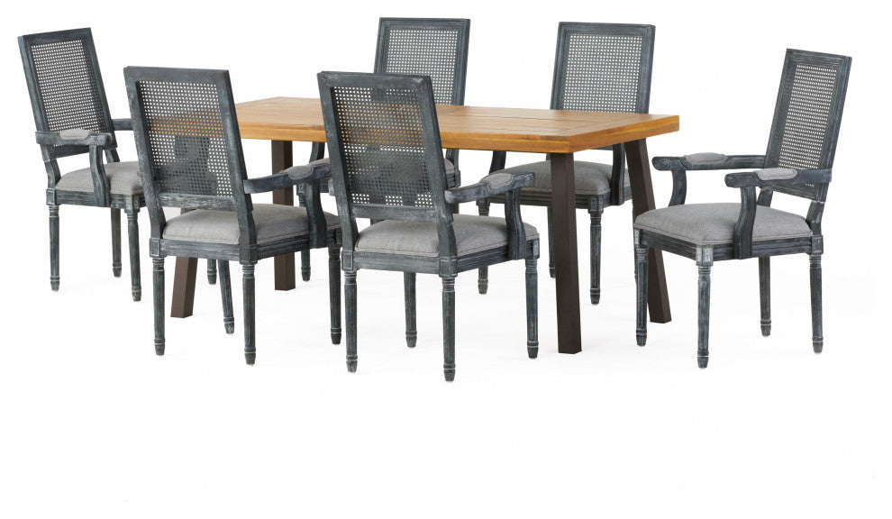 Marten Farmhouse Fabric Upholstered Wood and Cane 7 Piece Dining Set, Gray + Gray + Rustic Metal + Natural Stained