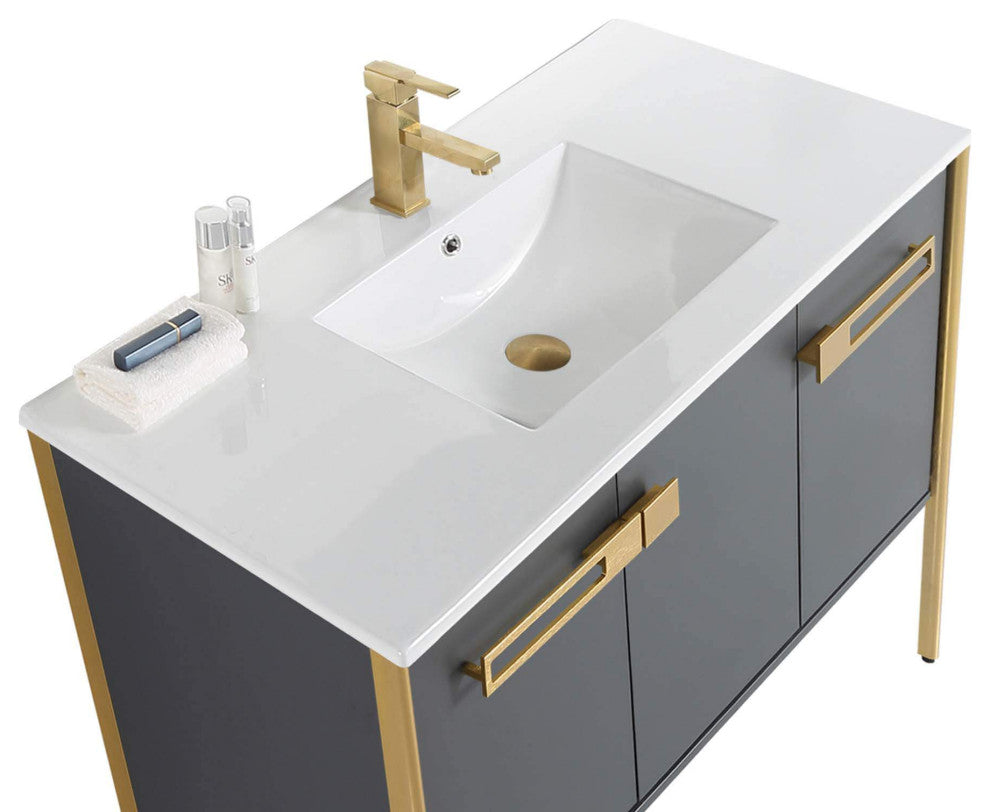 Oakville Bath Vanity, Ceramic Sink, Onix Grey, 42 Inch, Satin Brass Hardware