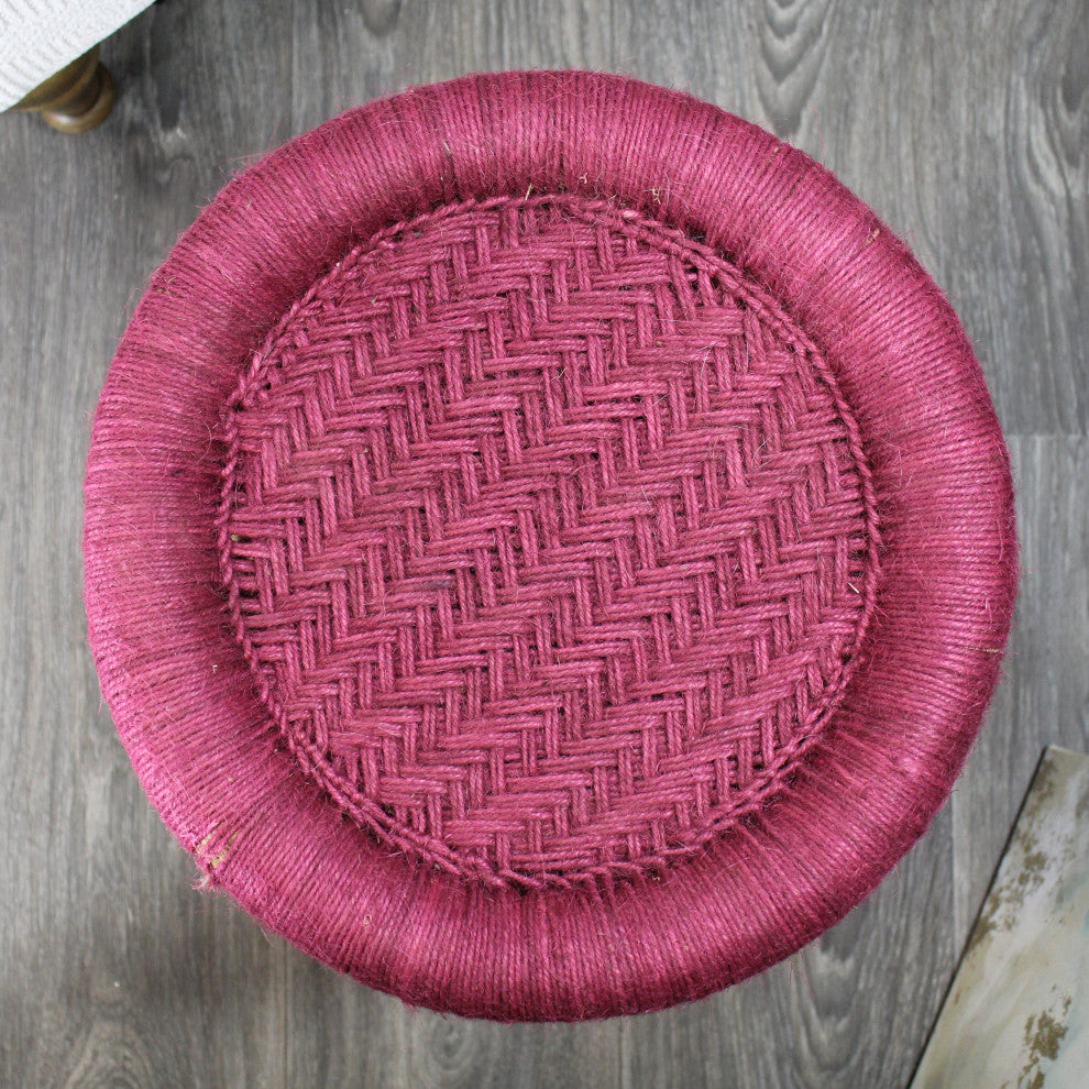 Natural Geo Moray Decorative Handwoven Jute Accent Stool, Maroon