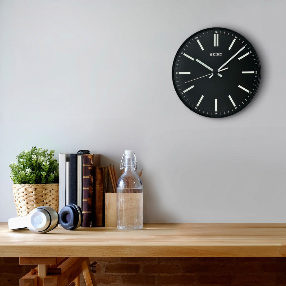 Seiko Clocks, 12" Black Wall Clock With White Markers