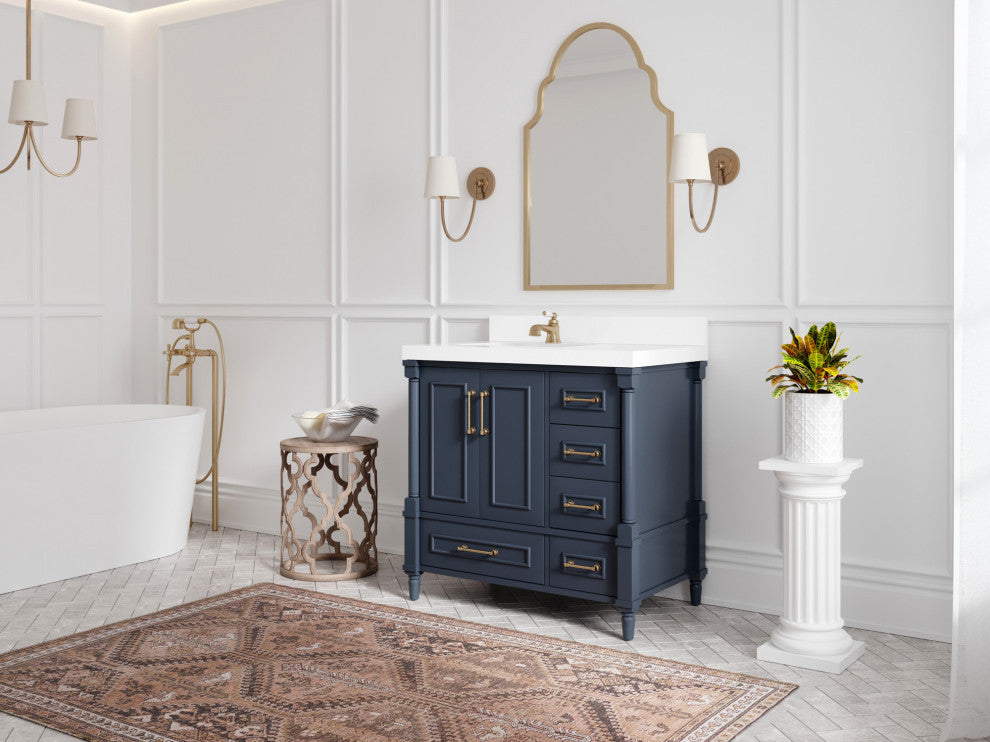 Aberdeen 36 Left Offset Bath Vanity in Hale Navy Blue  2" Carrara Marble