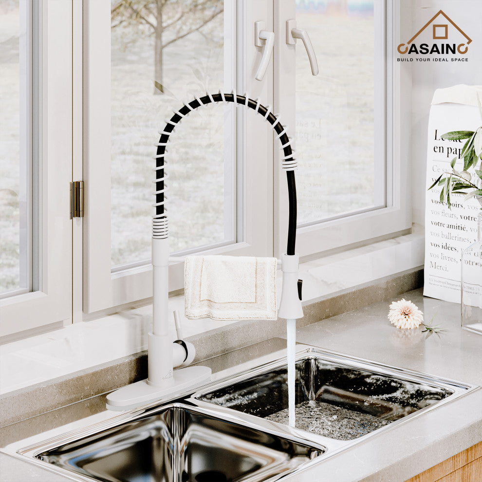 Spring Standard Kitchen Faucet with Dual-Function Spray Head and Deck Plate, Matte White