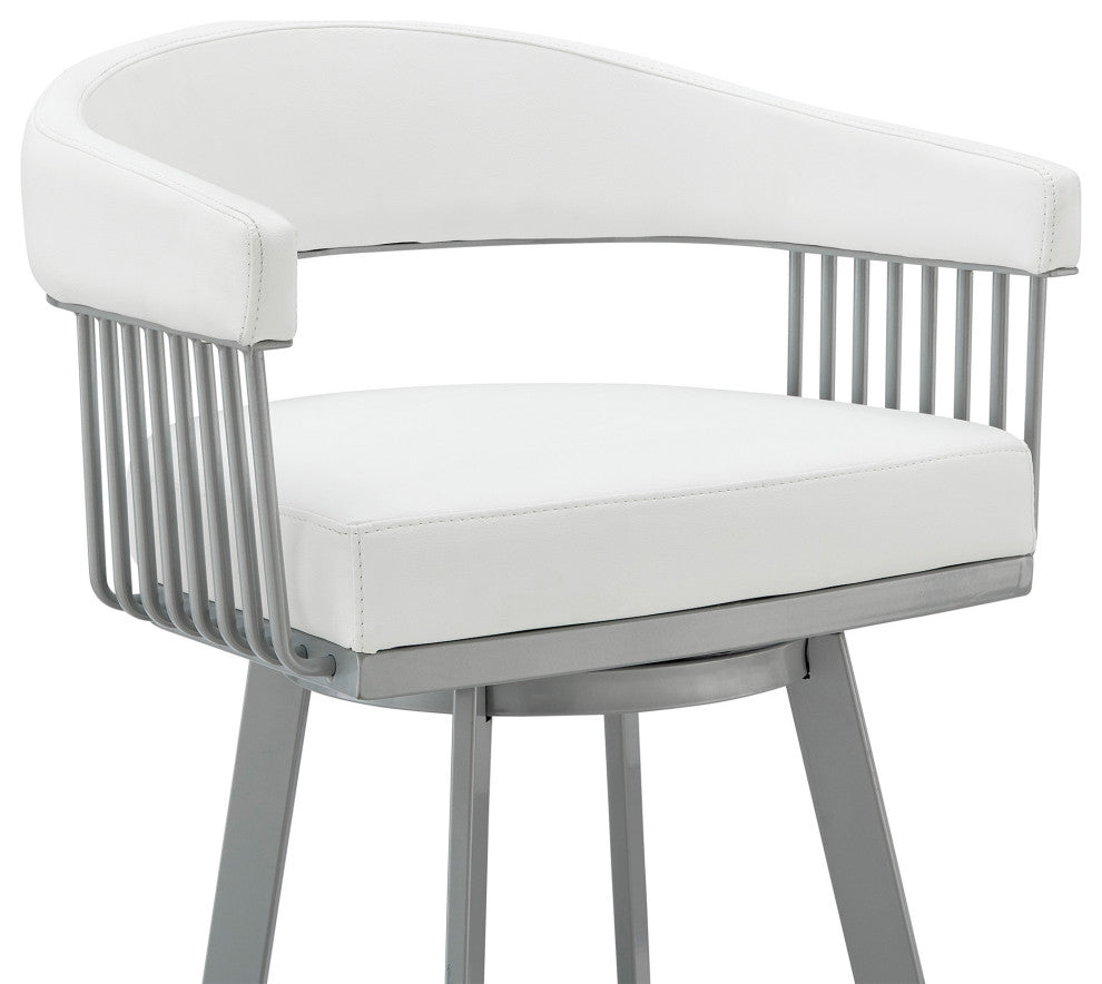 30" Mod White Faux Leather Silver Finish Swivel Bar Stool