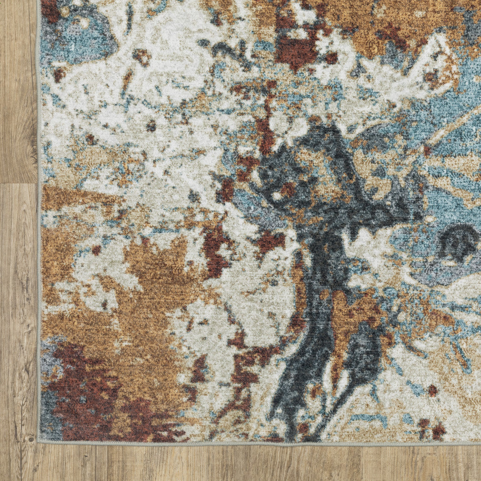 Sasha Abstract Earth Machine Washable Rust/Blue Area Rug Mat 5' x 7'