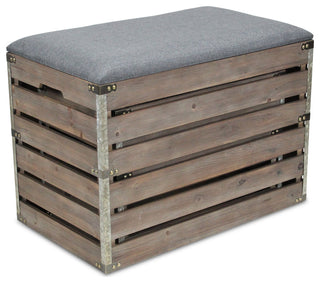 2-Piece Rectangular Wood Slat Storage Bench With Metal Accent and Lid