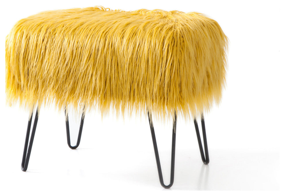 Mongolian Fur Ottoman, Lemon Curry, 19''x13''x17''