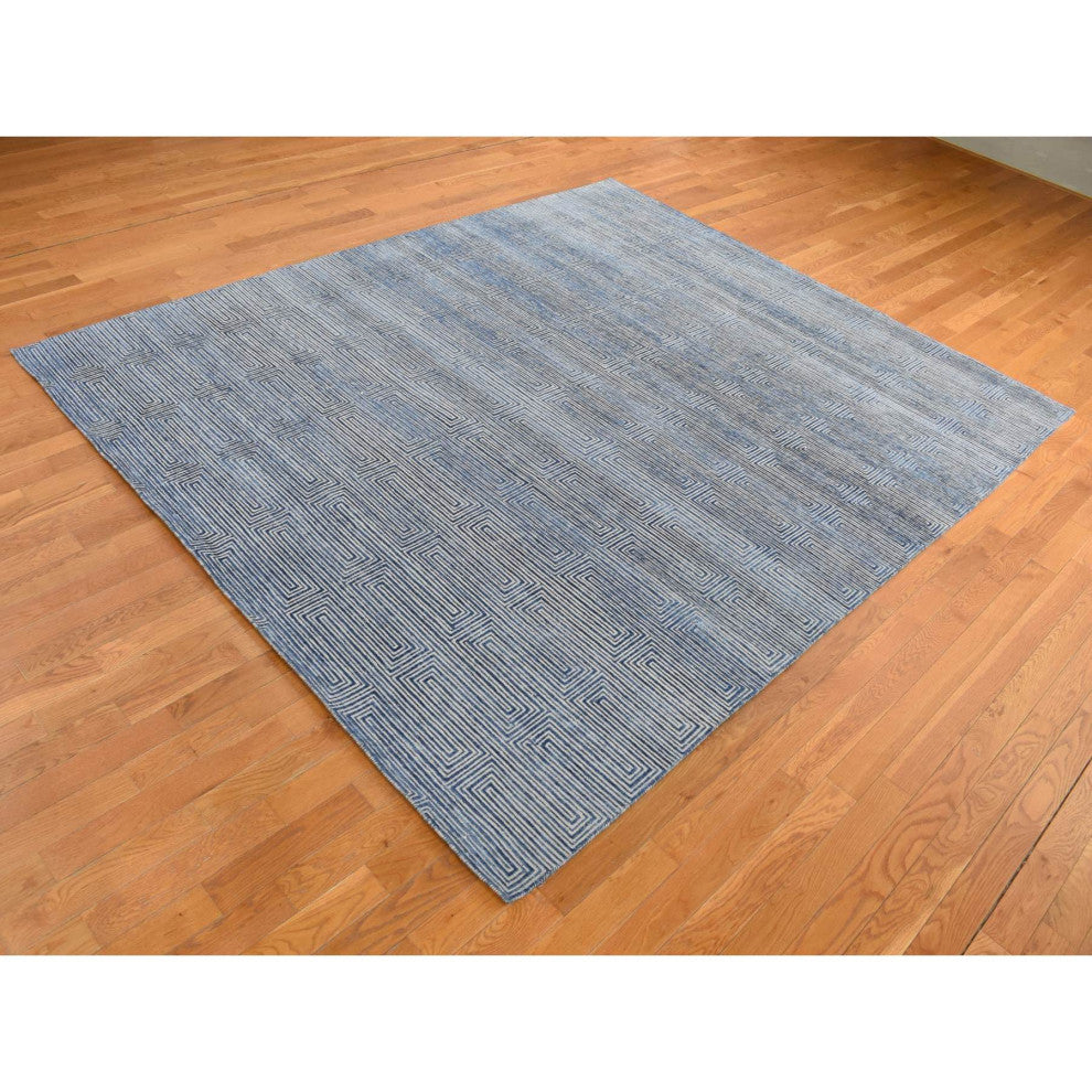 Blue, Silk With Wool, Maze Design, Hand Knotted Rug, 8'x10'