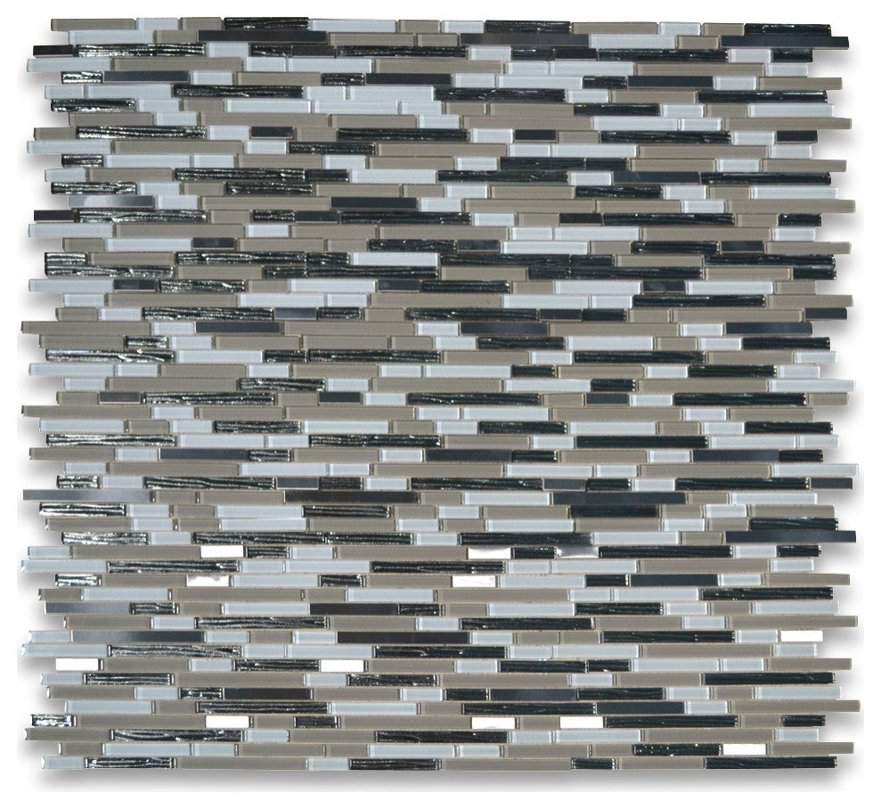 Glass Mosaic Tile Beige White Glass Electroplate Black Stainless Steel, 1 sheet
