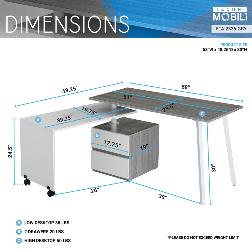 Techni Mobili Rotating Multi-Positional Modern Desk . Color: Gray