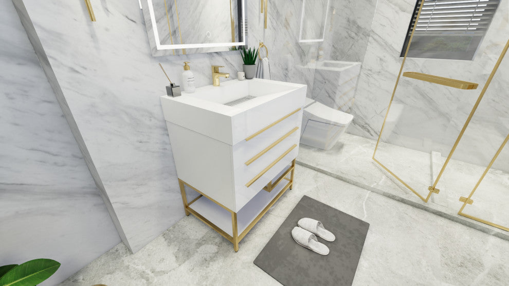 Madison 30" Freestanding Vanity with Reinforced Acrylic Sink, High Gloss White