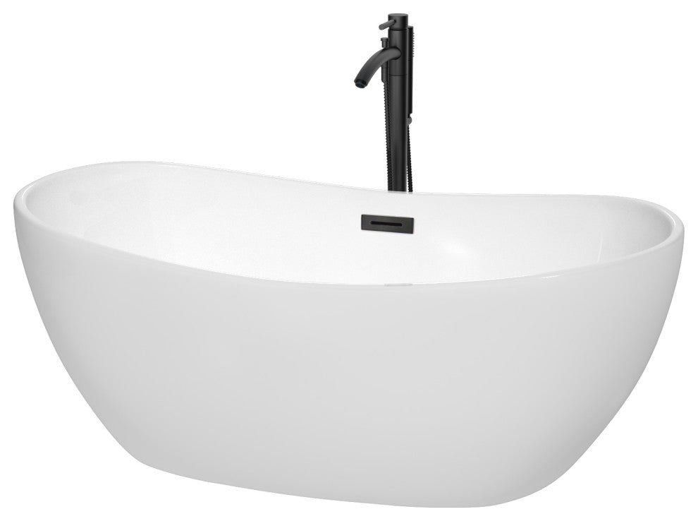 Rebecca 60 to 70" Freestanding Bathtub with options, Matte Black Trim, 60 Inch, Floor Mounted Faucet in Matte Black
