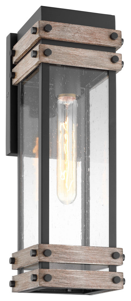 Homestead 1-Light Medium Wall Lantern, Matte Black/Wood/Clear Seed