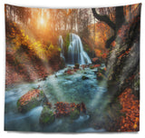 Fast Flowing Fall River in Forest Landscape Photography Wall Tapestry, 39"x32"
