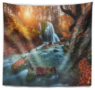 Fast Flowing Fall River in Forest Landscape Photography Wall Tapestry, 39"x32"