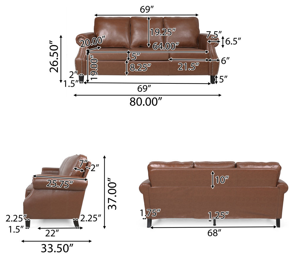 Burkehaven Contemporary Faux Leather 3 Seater Sofa With Nailhead Trim, Cognac Brown/Dark Brown