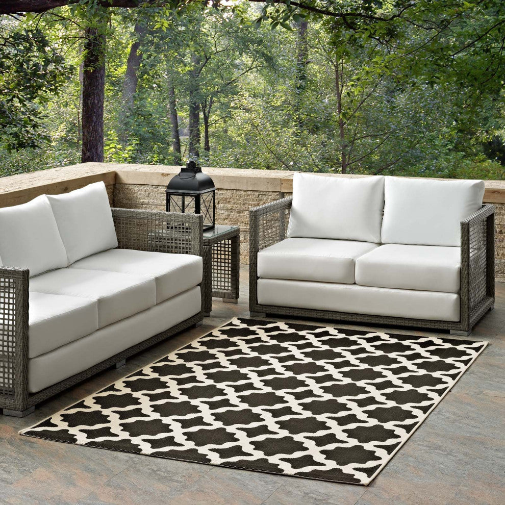 Cerelia Moroccan Trellis 9x12 Indoor and Outdoor Area Rug, Black and Beige