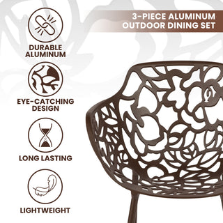 LeisureMod Devon Aluminum Patio Dining Set With Table and 2 Armchairs, Brown